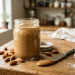 An open glass jar filled with freshly made homemade almond butter resting on a wooden kitchen counter next to a knife.