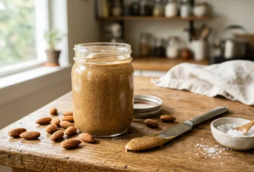 An open glass jar filled with freshly made homemade almond butter resting on a wooden kitchen counter next to a knife.