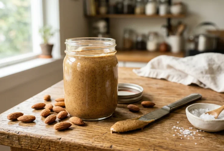 An open glass jar filled with freshly made homemade almond butter resting on a wooden kitchen counter next to a knife.