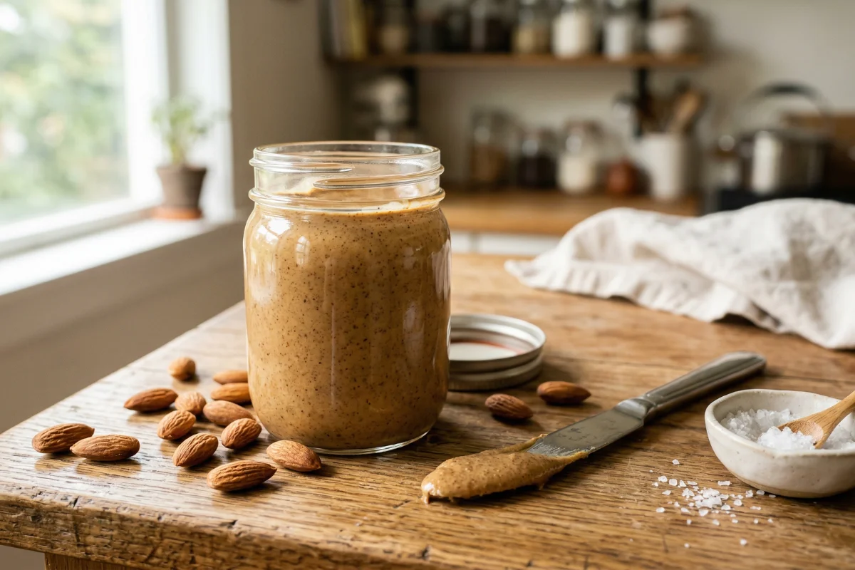 An open glass jar filled with freshly made homemade almond butter resting on a wooden kitchen counter next to a knife.