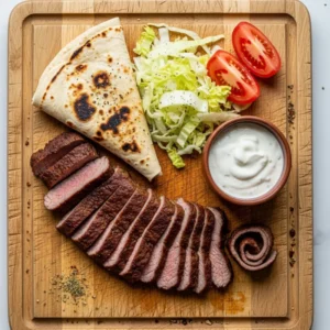Overhead shot of sliced doner kebab meat on a wooden board with flatbread and creamy garlic yogurt sauce