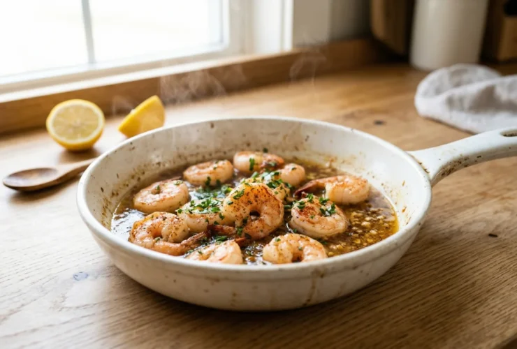 A rustic white skillet filled with juicy shrimp roasted in garlic butter garnished with fresh parsley and lemon wedges.