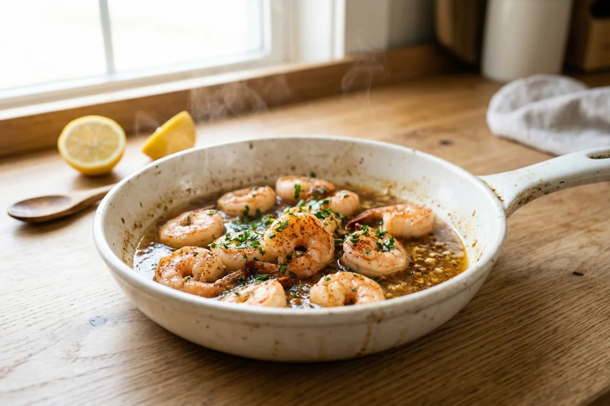A rustic white skillet filled with juicy shrimp roasted in garlic butter garnished with fresh parsley and lemon wedges.