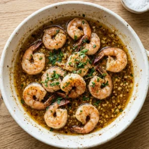 Overhead view of perfectly cooked shrimp roasted in garlic butter on a wooden board.