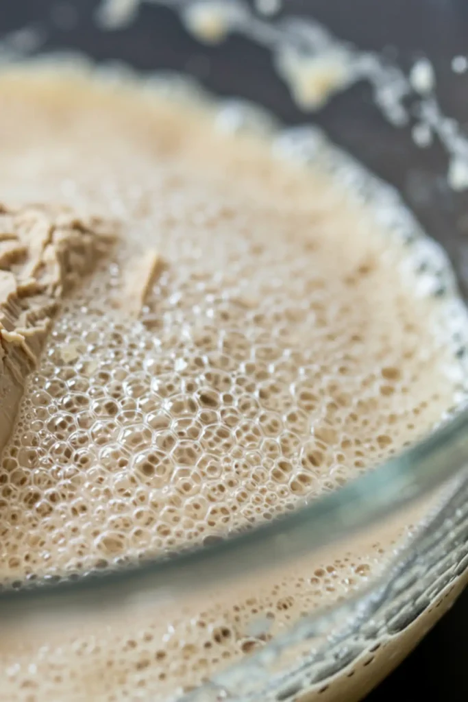 A close-up shot of active dry yeast becoming foamy and bubbly in a glass bowl, showing it's ready to be added to the bagel dough.