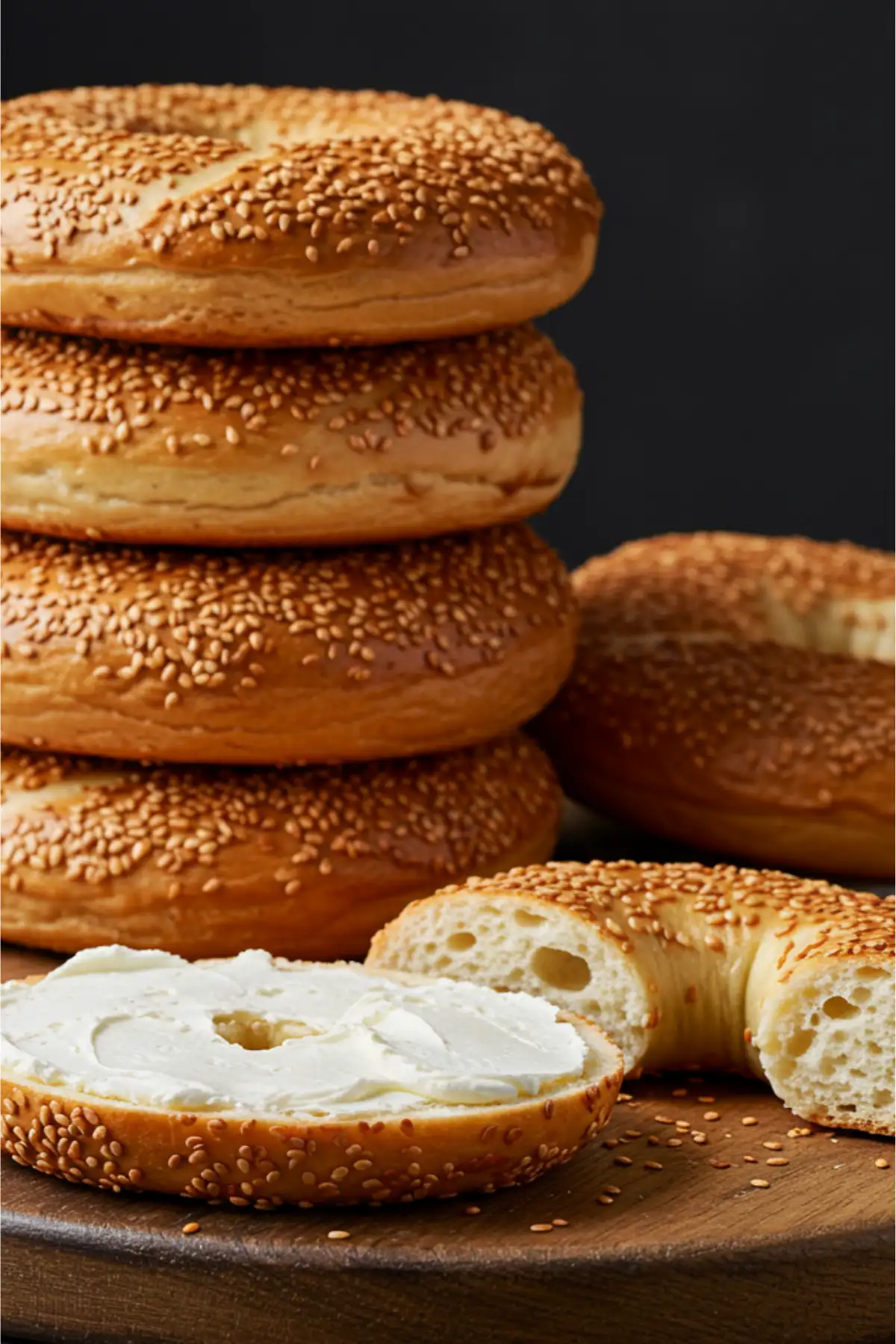 A beautiful stack of freshly baked Montreal bagels, with one sliced open and generously spread with cream cheese on a rustic wooden board.