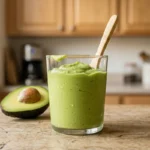 A glass of freshly blended creamy avocado smoothie on a kitchen counter next to a halved avocado.