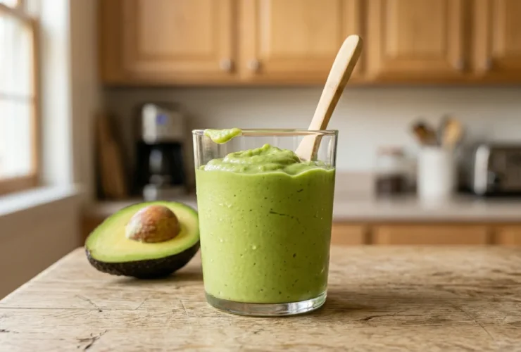 A glass of freshly blended creamy avocado smoothie on a kitchen counter next to a halved avocado.