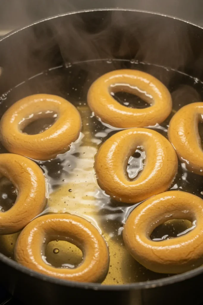 Several Montreal bagels boiling in a large pot of honey-sweetened water, a crucial step for creating their signature chewy crust.