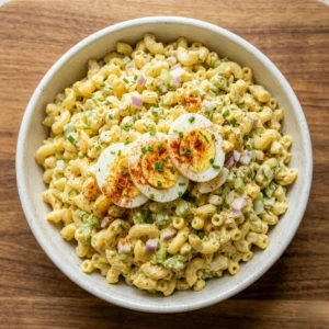 Overhead view of a bowl of fresh deviled egg pasta salad garnished with sliced eggs and smoked paprika.