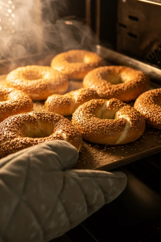 A baking sheet of perfectly golden-brown Montreal bagels, covered in sesame seeds, being pulled from a hot oven with steam rising.