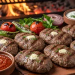 A sizzling clay dish of Kiremitte Kofte, showing Turkish meatballs baked in tomato sauce with melted mozzarella cheese, garnished with parsley.