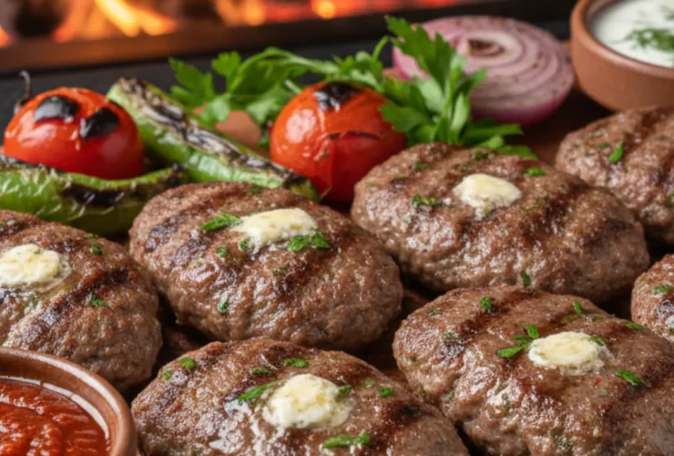 A sizzling clay dish of Kiremitte Kofte, showing Turkish meatballs baked in tomato sauce with melted mozzarella cheese, garnished with parsley.