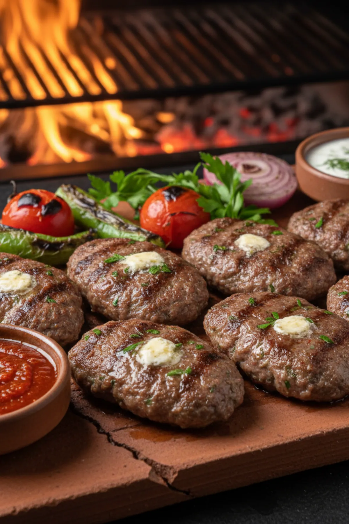 A sizzling clay dish of Kiremitte Kofte, showing Turkish meatballs baked in tomato sauce with melted mozzarella cheese, garnished with parsley.