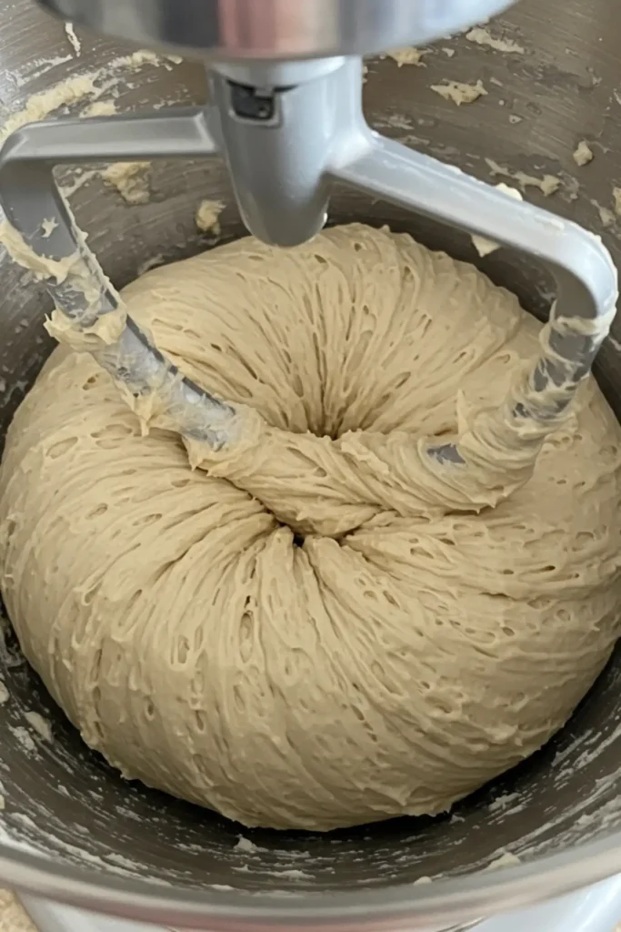 The dough hook of a stand mixer combining the wet and dry ingredients to form the shaggy dough for the Montreal bagels recipe.