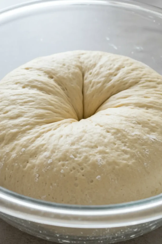 A large glass bowl showing the smooth Montreal bagel dough after its first rise, having perfectly doubled in size.