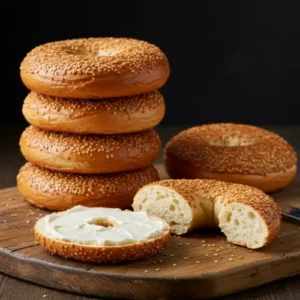 A beautiful stack of freshly baked Montreal bagels, with one sliced open and generously spread with cream cheese on a rustic wooden board.