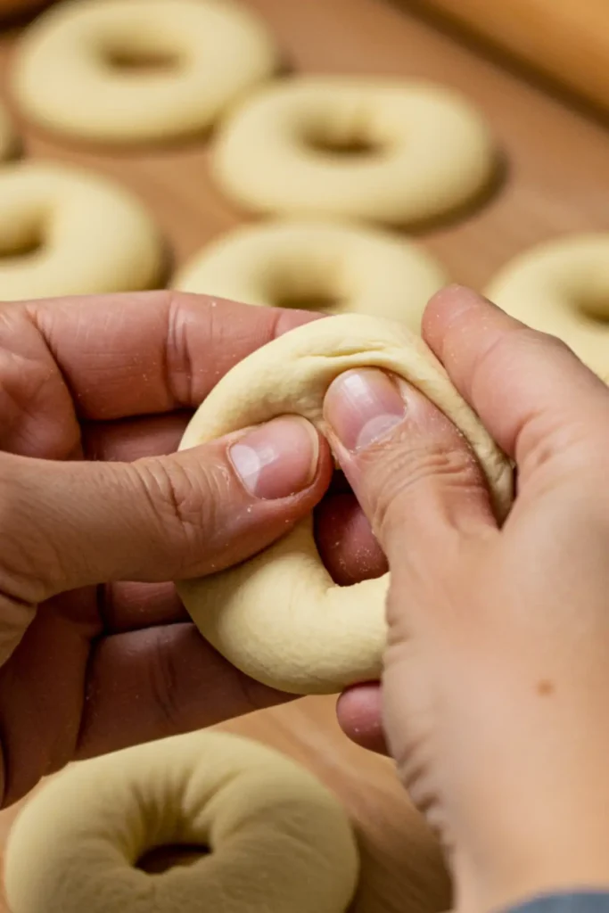A close-up of a baker's hands poking a hole through a ball of dough and stretching it to form the iconic ring shape of a Montreal bagel.