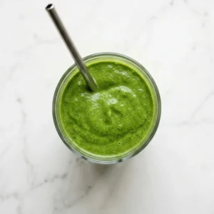 Overhead view of a creamy green spinach smoothie in a glass with a metal straw on a marble counter.