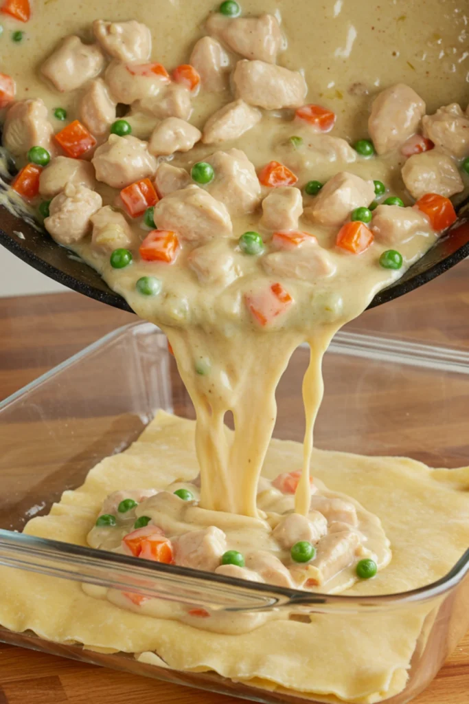 Assembling the chicken pot pie casserole in a baking dish.