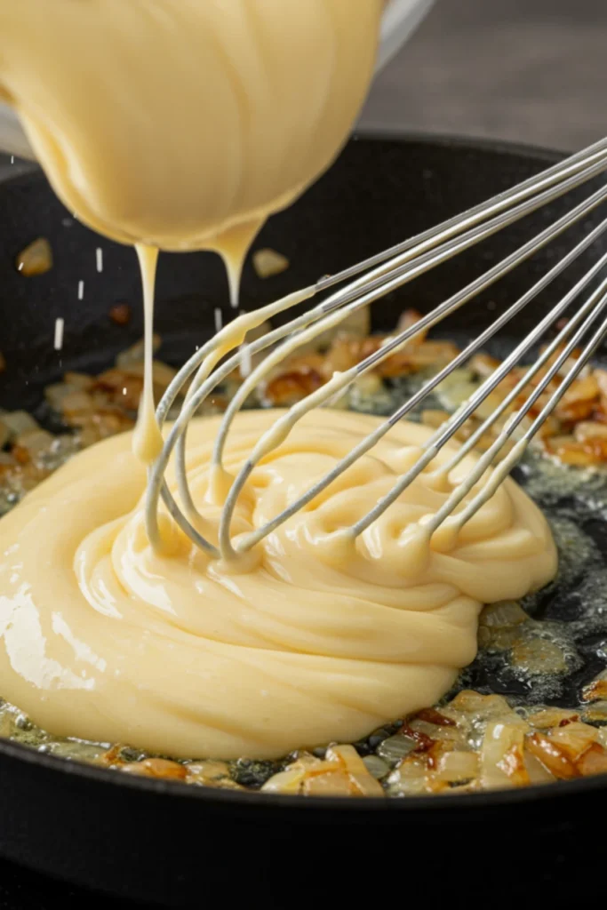 Creating the roux for the creamy chicken pot pie casserole filling.