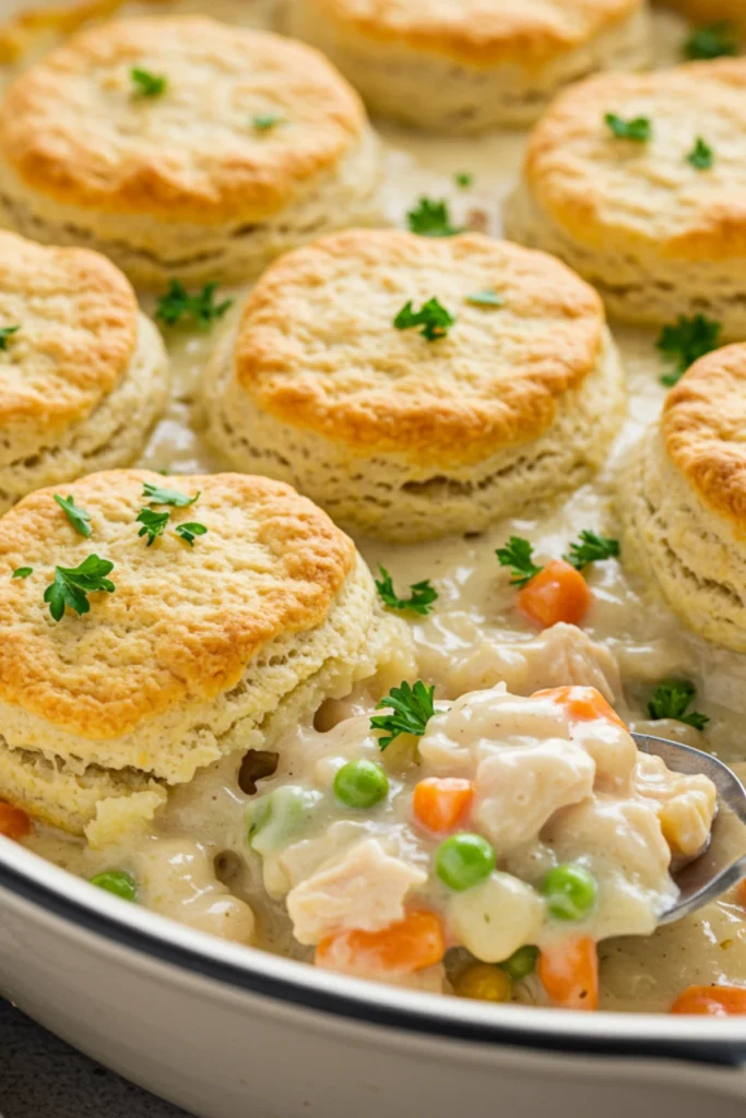 The baked, golden-brown chicken pot pie casserole ready to be served.