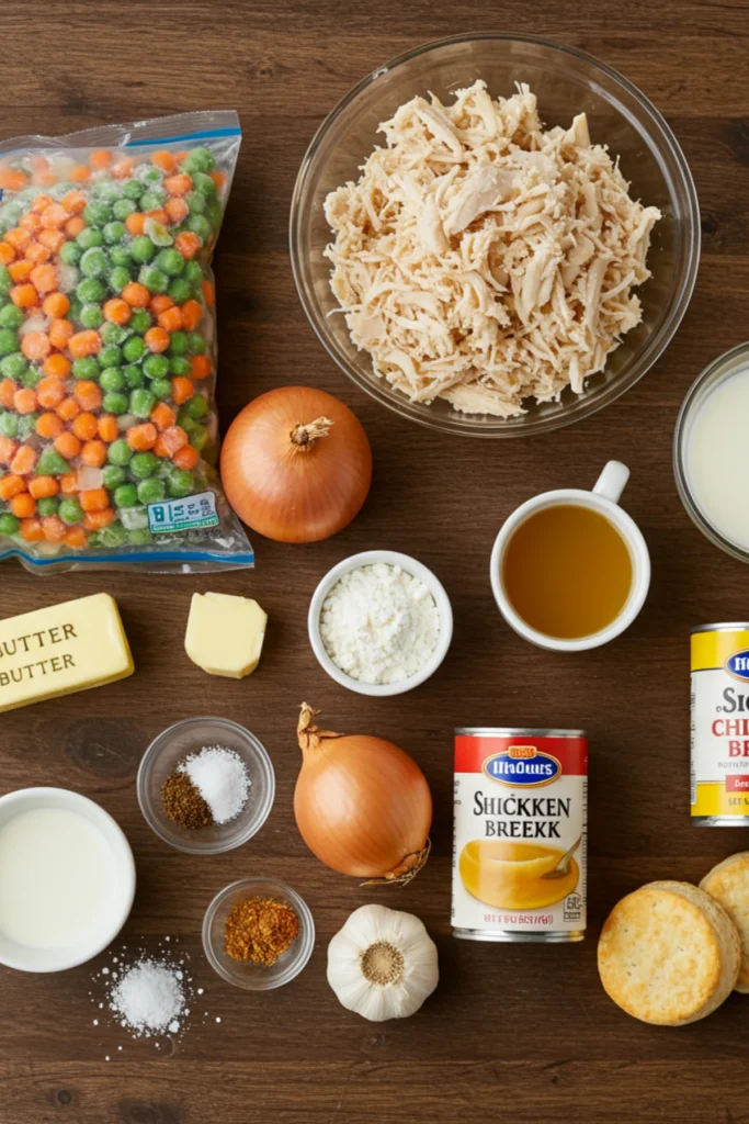 Ingredients for the easy chicken pot pie casserole laid out on a table.