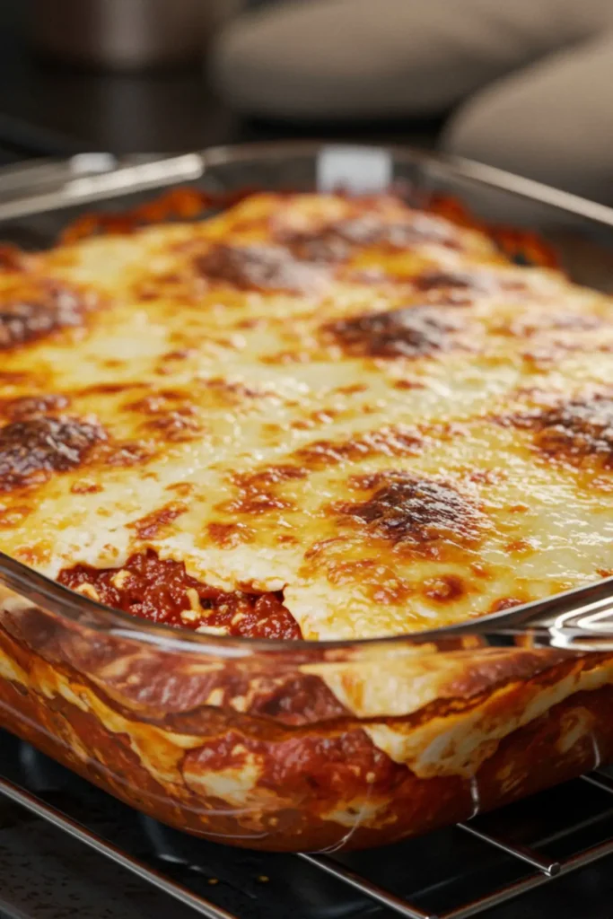 A photo of the finished San Giorgio lasagna fresh out of the oven in its baking dish, featuring a perfectly golden-brown and bubbly cheese crust with a slightly crispy corner.