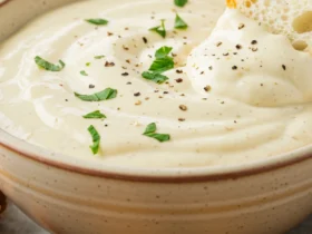 A bowl of the ultimate creamy garlic parmesan sauce, ready to be served with chicken wings.