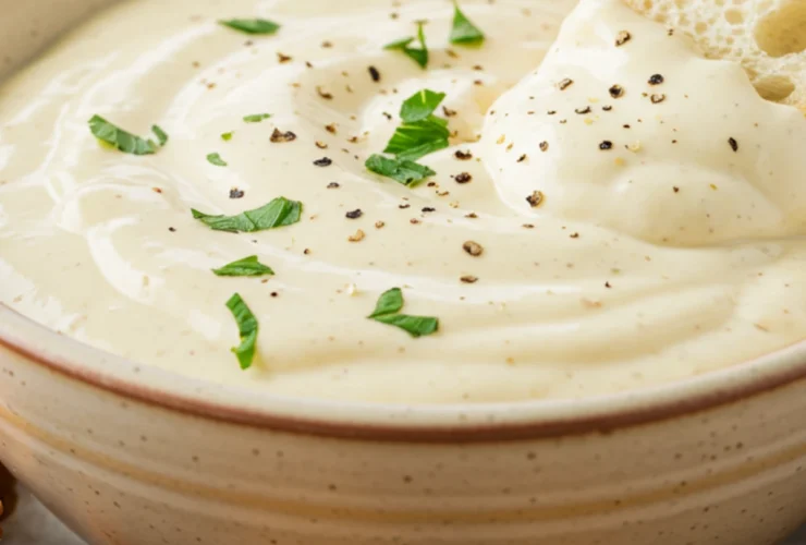 A bowl of the ultimate creamy garlic parmesan sauce, ready to be served with chicken wings.