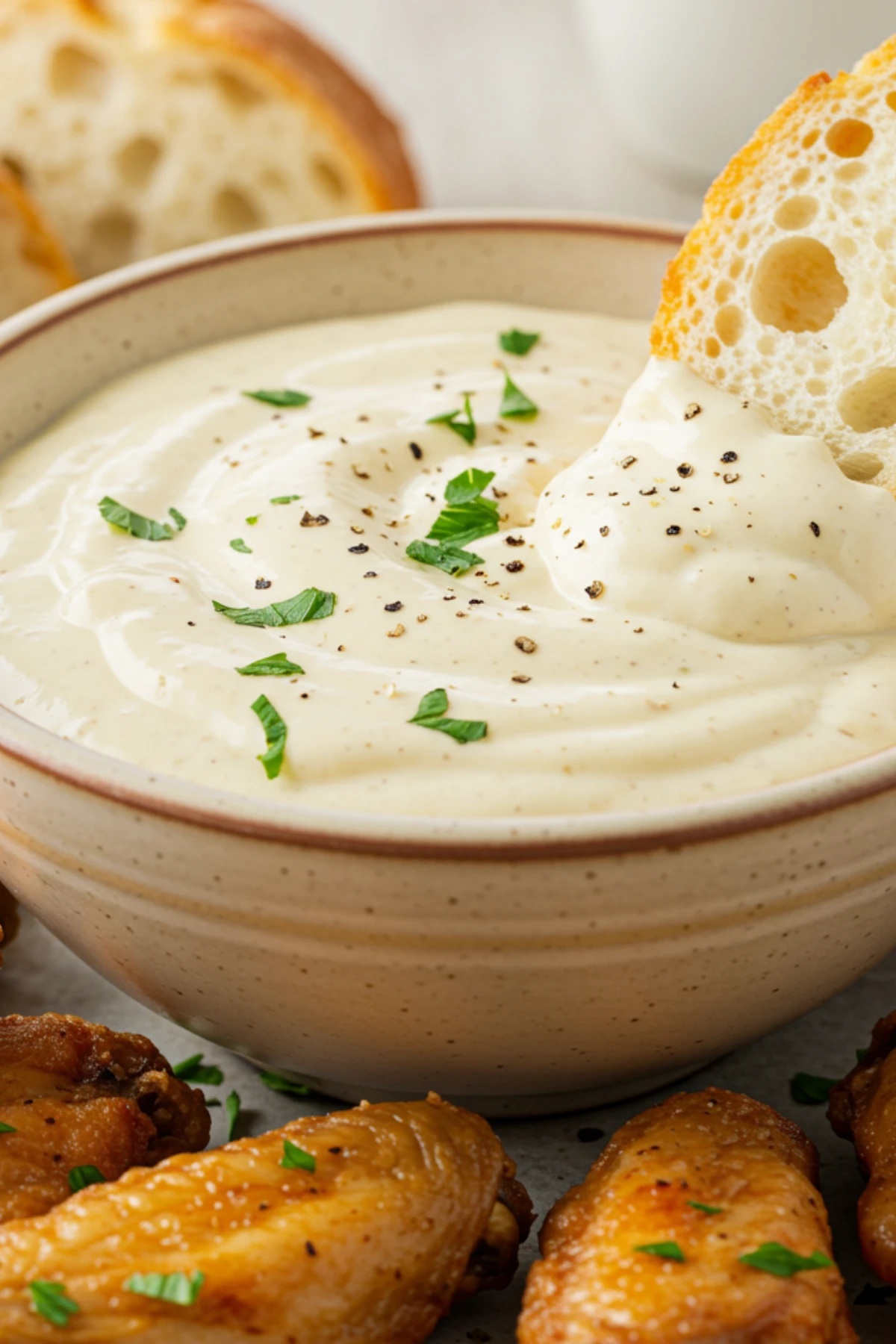 A bowl of the ultimate creamy garlic parmesan sauce, ready to be served with chicken wings.