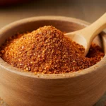 A small wooden bowl filled with the ultimate homemade chili seasoning recipe.
