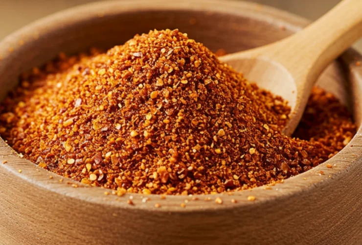 A small wooden bowl filled with the ultimate homemade chili seasoning recipe.