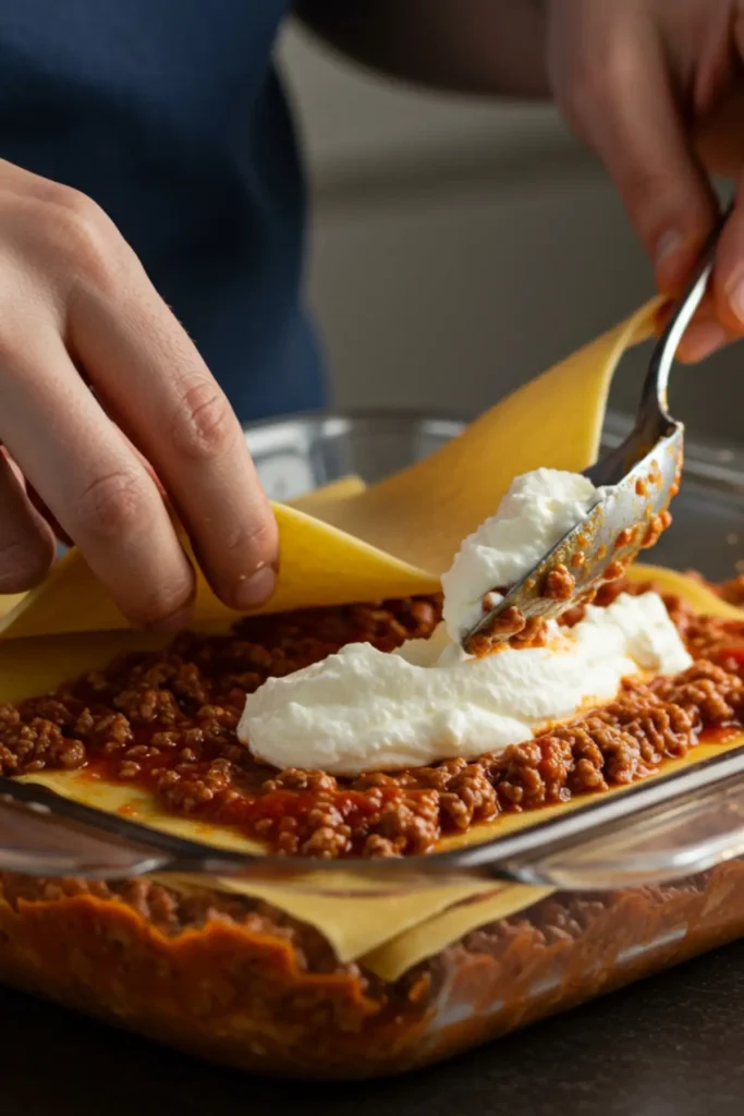 A cook's perspective photo showing hands carefully layering a cooked noodle over meat sauce and ricotta in a glass baking dish to assemble the San Giorgio lasagna.