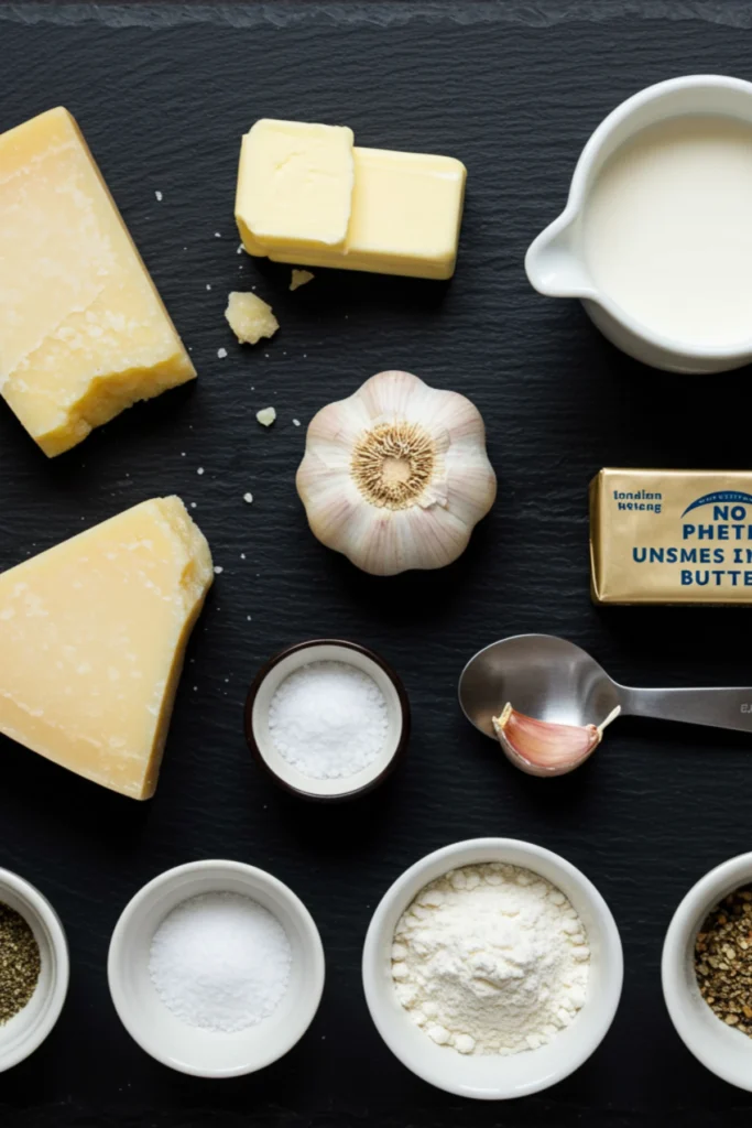 The fresh ingredients needed to make the best homemade garlic parmesan sauce.