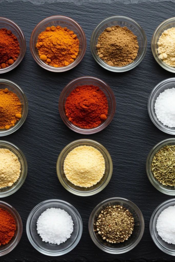 All the spices needed for the best chili seasoning recipe, measured into individual bowls.