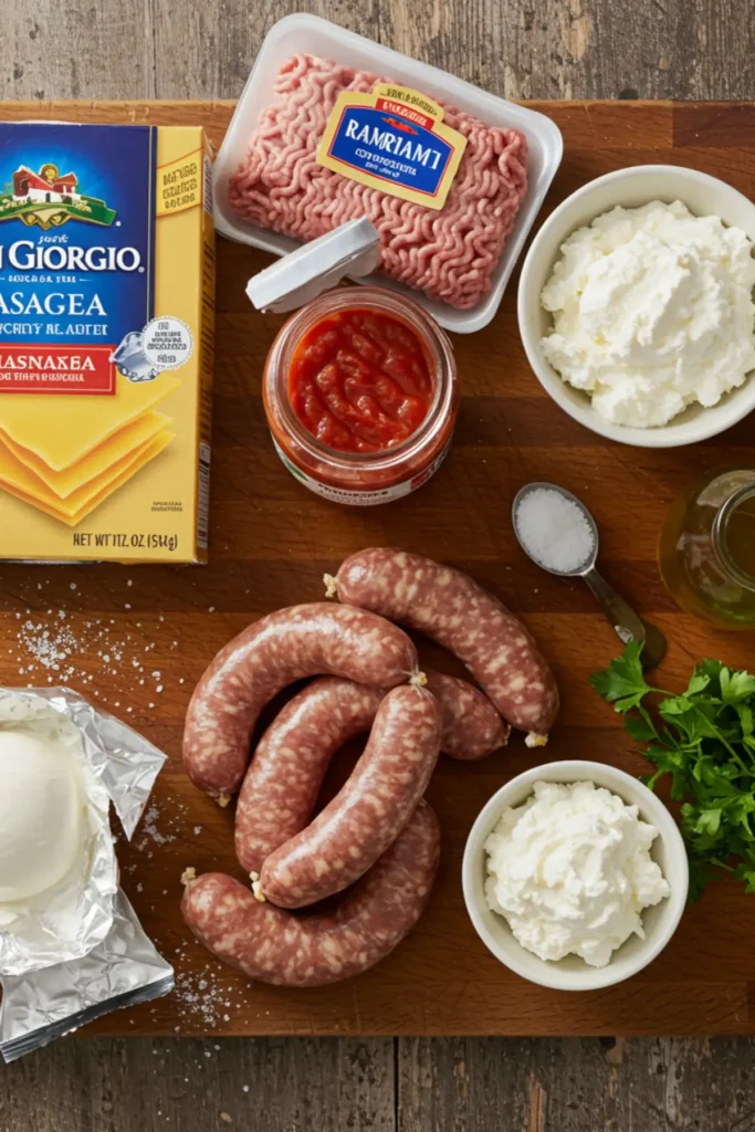 An overhead flat-lay of the ingredients for San Giorgio lasagna arranged naturally on a wooden board, including noodles, ground beef, sausage, marinara, ricotta, and mozzarella.