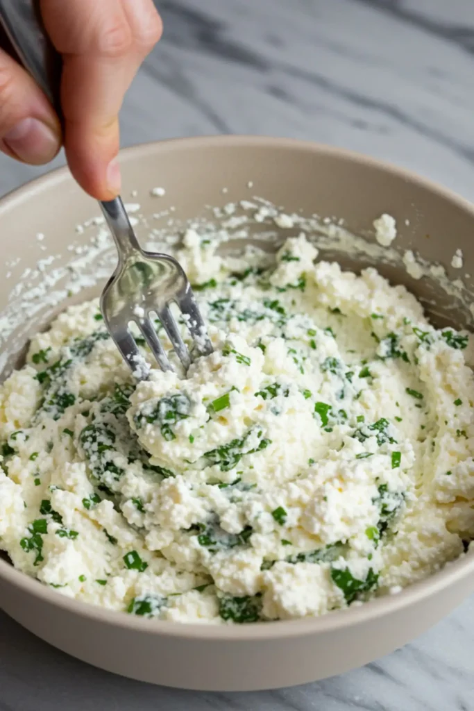 A realistic photo of a hand mixing creamy ricotta cheese with fresh parsley in a ceramic bowl for the lasagna filling, with a small smudge on the rim.