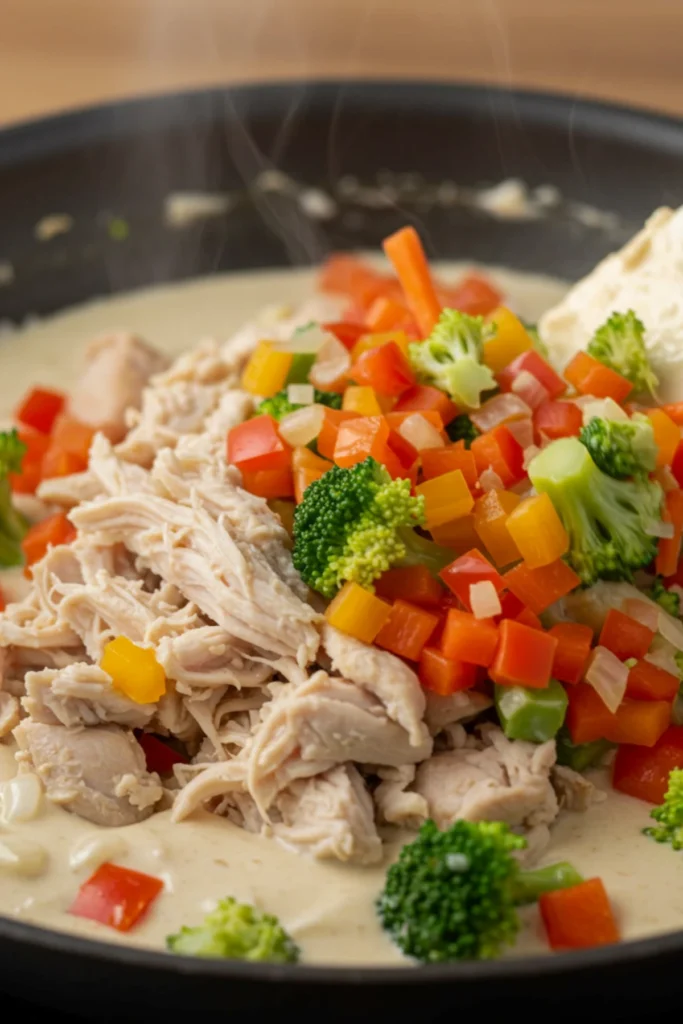 Mixing the chicken and vegetables into the chicken pot pie casserole filling.