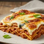 A realistic photo of a slice of homemade San Giorgio lasagna on a white plate, with visible layers of meat sauce and ricotta, and a perfectly golden-brown bubbly cheese topping garnished with basil.