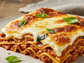A realistic photo of a slice of homemade San Giorgio lasagna on a white plate, with visible layers of meat sauce and ricotta, and a perfectly golden-brown bubbly cheese topping garnished with basil.