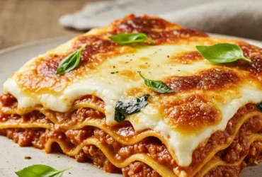A realistic photo of a slice of homemade San Giorgio lasagna on a white plate, with visible layers of meat sauce and ricotta, and a perfectly golden-brown bubbly cheese topping garnished with basil.