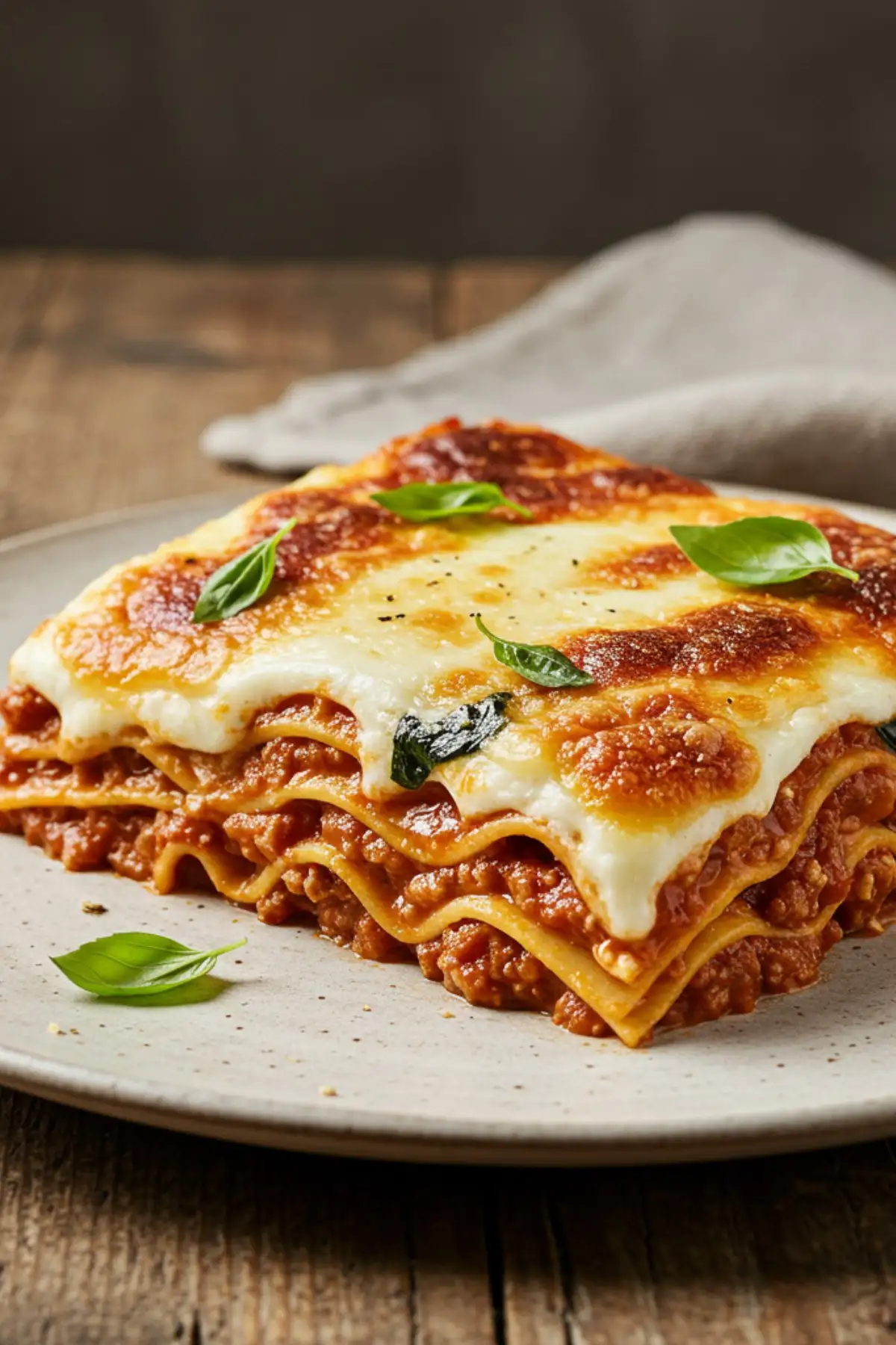 A realistic photo of a slice of homemade San Giorgio lasagna on a white plate, with visible layers of meat sauce and ricotta, and a perfectly golden-brown bubbly cheese topping garnished with basil.