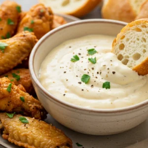 A bowl of the ultimate creamy garlic parmesan sauce, ready to be served with chicken wings.