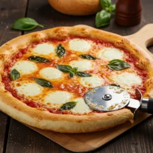 The finished pizza made with the ultimate di fara pizza dough recipe, ready to be sliced.