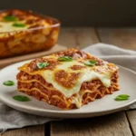 A realistic photo of a slice of homemade San Giorgio lasagna on a white plate, with visible layers of meat sauce and ricotta, and a perfectly golden-brown bubbly cheese topping garnished with basil.