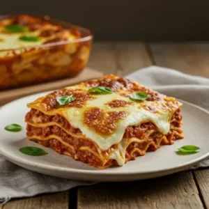 A realistic photo of a slice of homemade San Giorgio lasagna on a white plate, with visible layers of meat sauce and ricotta, and a perfectly golden-brown bubbly cheese topping garnished with basil.