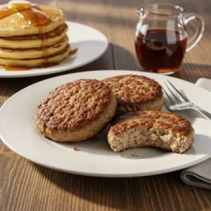 A plate of juicy homemade beef sausage patties from our pork-free sausage recipe, ready for a delicious breakfast.