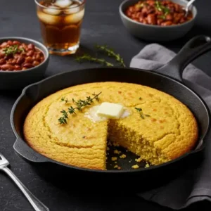 A slice of golden cornbread with melting butter on top, served in a cast-iron skillet.
