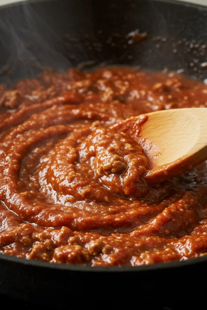 A close-up action shot of a rich, red meat sauce with beef and sausage simmering and bubbling in a cast-iron skillet for the San Giorgio lasagna recipe.
